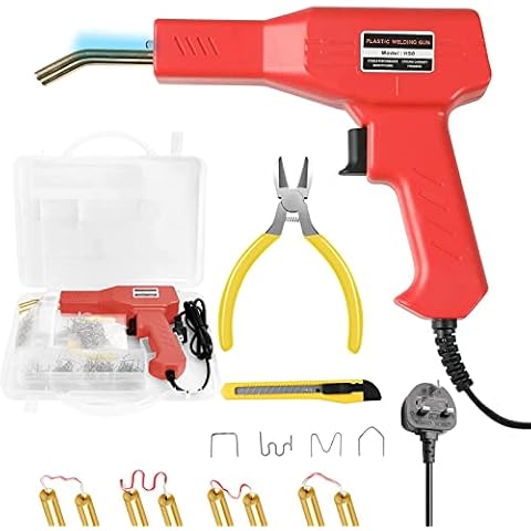 Thermal Stapler Plastic Welding Machine, 50W Car Bumper Crack Repair Kit for Repairing Broken Plastic/Car Fenders/Parts with Pliers, Flat/Outside Inside Corner/Wave/200 Pcs of Thermal Staples(Red) Cover