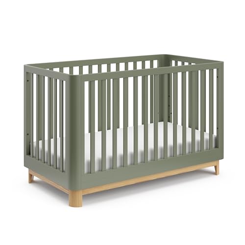 Storkcraft Santos 3-in-1 Convertible Crib (Olive with Natural) – GREENGUARD Gold Certified, Fits Standard Crib Mattress, Converts to Toddler Bed and Daybed, Rounded Details, Designer Edition