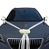 CusDusk White Wedding Car Decoration Kit – Floral Hood Arrangement, Side Mirror Flowers, Satin Ribbons & Door Handle Bows Tapes for Bridal Weddings Vehicles