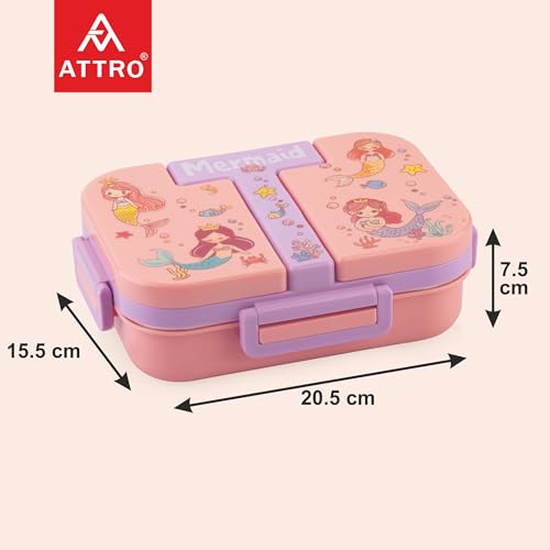 Image of ATTRO Tangy Bite Stainless Steel Lunch Box - 3 Compartment Bento Tiffin, Leak-Proof & Durable, Plastic Spoon, Ideal for Kids, School, Picnic- Peach- 600ml-Mermaid Theme