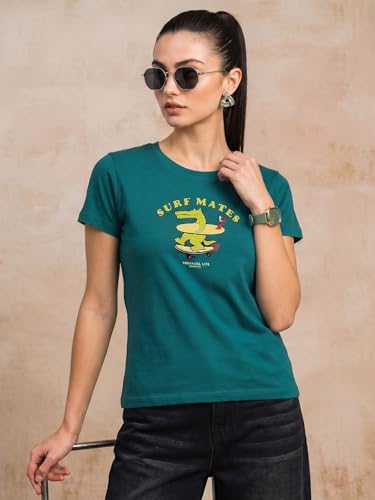 Image of JUNEBERRY Women's Regular Fit Printed Tee - 100% Pure Cotton, Round Neck, Half Sleeve Graphic T-Shirt for Daily Use (Colors: Red, Brown, Green & Future Dusk)
