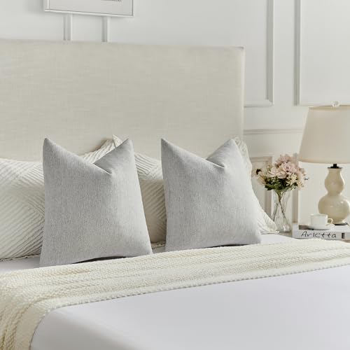 FUTEI Light Grey Chenille Decorative Throw Pillow Covers 22x22 Inch Set of 2,Soft Cozy Faux Linen Textured Cushion Case,Farmhouse Home Decor for Couch Living Room