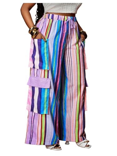 Women's Plus Size Rainbow Striped Cargo Pants Color Block Drawstring Waist Straight Leg Trousers Streetwear