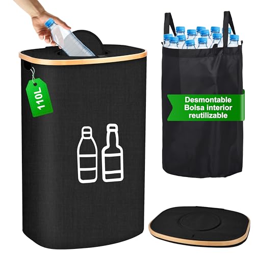 IEEILULU Cesto Basura Reciclaje Botellas, 110L Cubo de Basura Cocina, Reciclaje de Botellas Cubo con Bolsas de Transporte, Almacenamiento Botellas Vacías y Vidrio (Negro, 110L)