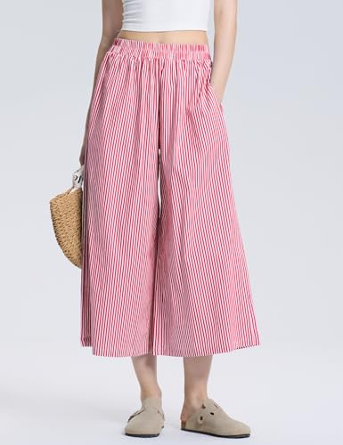 Image of LOMON Womens Wide Leg Capri Pants Gingham Plaid Culottes Summer Elastic Waist Palazzo Trousers Bottoms with Pockets