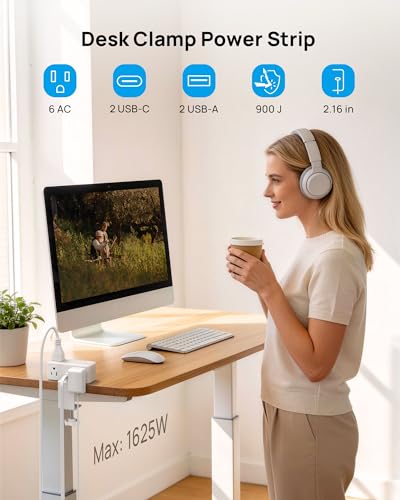 Image of TROND Compact Desk Clamp Power Strip 10 ft, Fit 2.16 inch Tabletop Edge, White | Flat Plug Fit Behind Furniture, 6 AC, 2 USB-C PD 20W, 2 USB-A, 900J, Space-saving for Small Home Office Desk Accessories