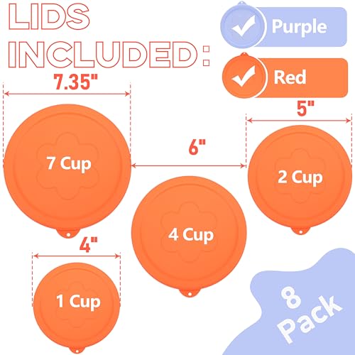 Image of LUVCOSY 1 Cup 2 Cup 4 Cup 7 Cup Round Silicone Replacement Lids for Pyrex 7202-PC, 7200-PC, 7201-PC, 7402-PC Glass Bowls, 8 Pack Storage Cover, Microwave & Dishwasher & Freezer Safe