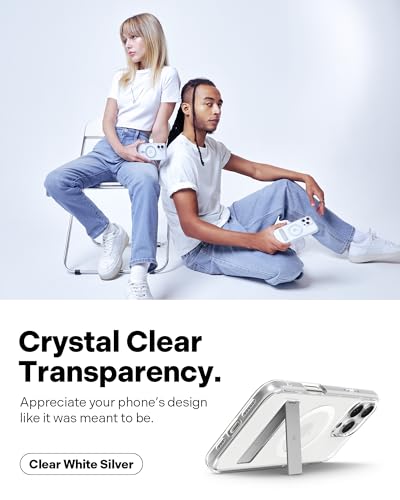 Image of CASEOLOGY by Spigen Capella Mag Kickstand for iPhone 16 Pro Case [Built-in Kickstand] Magnetic Military Grade Drop Protection Back Cover Case for iPhone 16 Pro (TPU and PC | Clear White Silver)