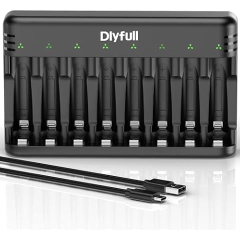 Dlyfull 8 Bay AA AAA Battery Charger with USB-C High-Speed Charging, Independent Slot for 1.2V Ni-MH Ni-CD Rechargeable Batteries, Cable Included Cover