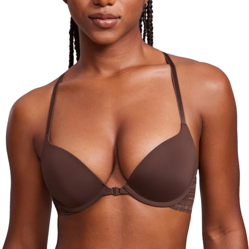 Image of DOBREVA Women's Push Up Bra Front Closure Racerback | Lace Back, Padded, Plunge, Tshirt, Cleavage, Sexy, Date, Soft, Everyday, Supportive