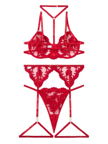 Image of Lilosy Sexy Choker Floral Lace Scallop Sheer Underwire Push Up Garter Belt Lingerie Set 3 Piece