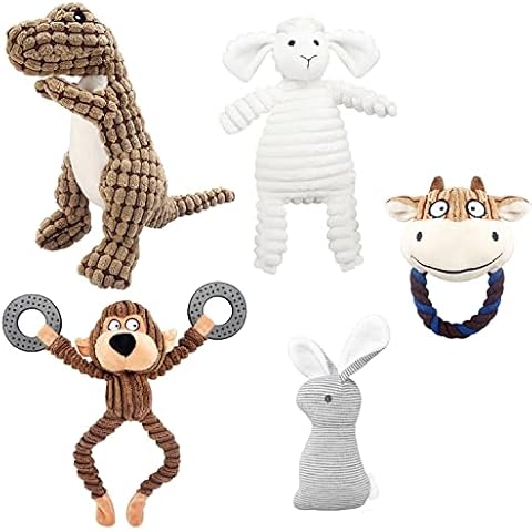 KONKY Squeaky Dog Toy Set, 5 Packs Durable Dog Plush Toys Chew Toys Dog Companion, Various Animals Shapes Training Toy for Puppy Small Medium Large Dogs (Dinosaur, Monkey, Sheep, Rabbit and Bull) Cover