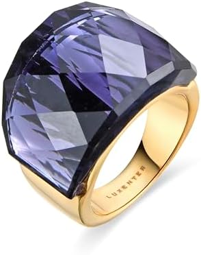 LUXENTER Anillo Mujer en Aleación de Metal con Cuarzo Hidrotermal Ónix Color Morado y Dorado Acabado en Oro Amarillo de 18k Talla 14 Modelo Fadino