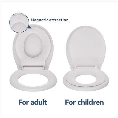 Image of JINGZE Round Toddler Toilet Seat Adult /Child,Built-In Potty Training Seat, Soft Quiet Close Non-Slip Seat, Easy to Install & Clean,Magnetic Kids Seat and Cover,White