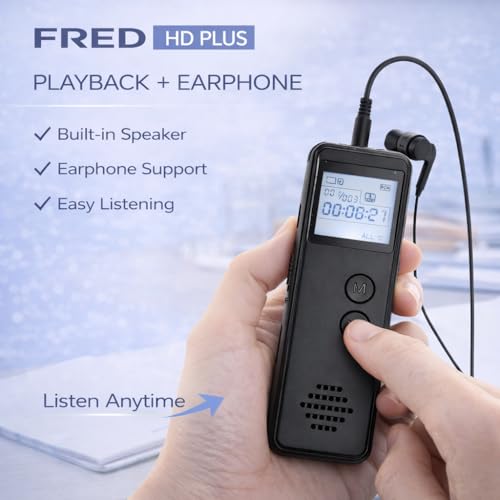 Image of FREDI HD PLUS Voice Recorder, Digital Audio Recorder for Meetings, Lectures & Students, Portable Recording Device with Mic & Speaker, 32GB TF Card, One Button, Voice Activated (VOR), USB Rechargeable