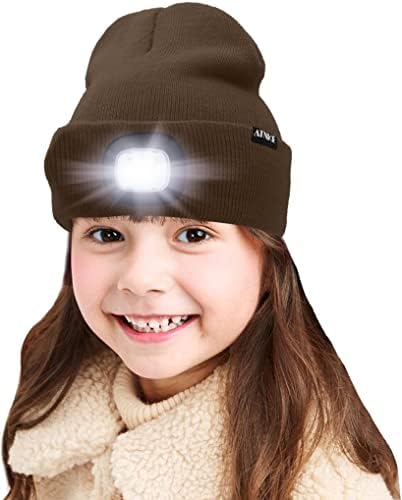 ATNKE Kids LED Lighted Beanie Cap, USB Rechargeable 4 LED Headlamp Waterproof Winter Warmer Knit Night Hats with Light for Boys Girls