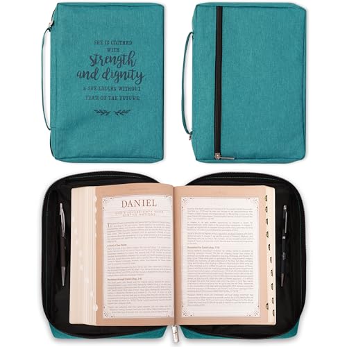 Image of Christian Art Gifts Men /Women's Bible Cover Strength & Dignity Proverbs 31:25, Teal Canvas, Large