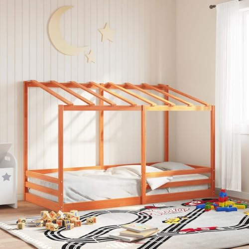 HaoChrymec Letto a Soppalco per Bambini in Legno Massello di Pino, con Tettoia e Design Moderno, Spazioso e Divertente, single bed, letto bambina,Marrone Cerato, 90x200 cm