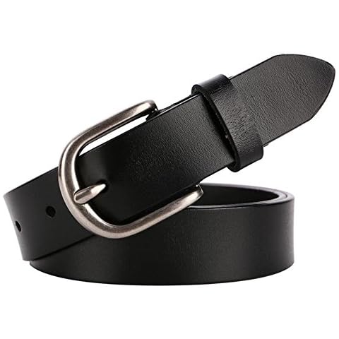 Cliont Women's leather belt genuine leather ladies belt 1.1inchWide Silver Golden Buckle, Black/Silver, 43.3inch long, for waist size 34-38inch Cover