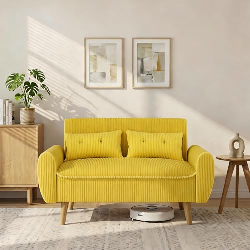 Shintenchi 48 Loveseat Sofa Mid-Century Modern Upholstered Couch Deep Seat with 2 Pillows 10 Thick Cushion with Spring Solid Wood Frame Small Couch for Living Room Dorms & Office Yellow