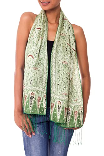 NOVICA Silk batik scarf, 'Royal Java Green'