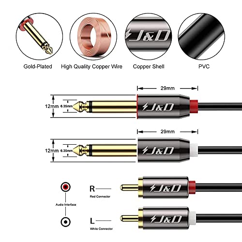 J&D 1/4 to RCA Cable, Gold Plated Copper Shell Heavy Duty 2X6.35mm TS to Dual RCA Stereo Audio Interconnect Cord for AV Receivers, Speakers, Home Audio Systems, Amplifiers, 25 Feet - Thumbnail 2