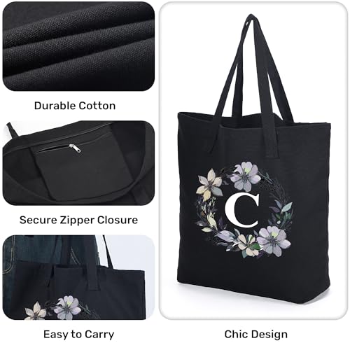 HIFA Initial Tote Bag for Women, Personalized Canvas Tote Bag -Durable Cotton, Zipper, Inner Pocket-Multipurpose Shoulder Bag2