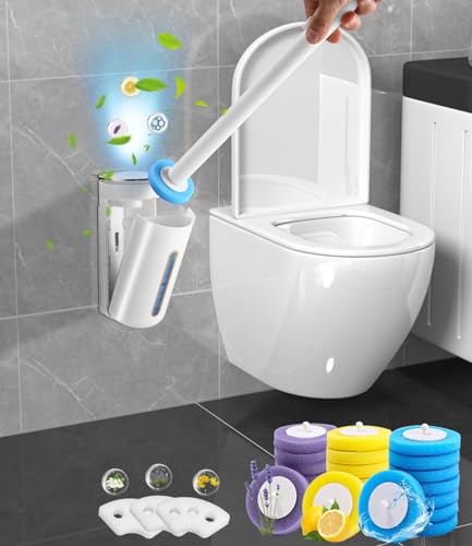 SOBEAU Home Escobilla Baño Cabezal Desechable WC con 16 Cabezales de Recambio,con difusor Superior,Limpiador de Inodoro de Ahorro de Espacio Montado en la Pared Mango Largo Suministros De Limpieza