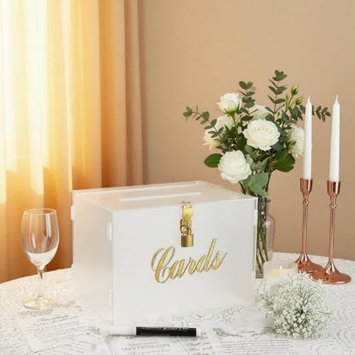 Image of 11 inch Frosted Wedding Card Box with Lock, Acrylic Gift Card Box for Wedding Decorations for Reception, Honeymoon Fund Money Box for Bridal Shower Decorations Party Reception Anniversary