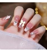 FULZTEY Long Press on Nails,Pink Fake Nail Tips for Women,Acrylic Bow Rhinestone Charms French Ti...