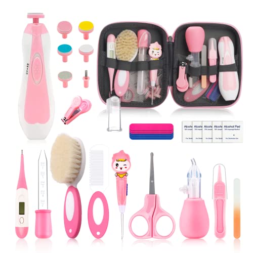 Image of Baby Healthcare and Grooming Kit, Baby Safety Set Newborn Nursery Health Care Set with Hair Brush Scale Measuring Spoon Nail Clippers Lighting Ear Cleaner for Baby Girls Boys (24pcs, Pink)