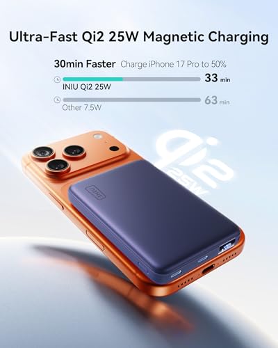 Image of INIU Slimmest Power Bank for MagSafe, 10000mAh Qi2.2 Certified 25W Wireless & 45W Wired USB C Fast Charging Portable Charger, Flight-Safe Travel Phone Magnetic Battery Pack for iPhone etc, Blue