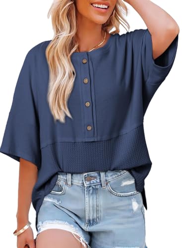 Dokotoo Women Waffle Knit Tops Henley Shirts Short Sleeve Crewneck Solid Color Casual Tunics Summer Blouses for Women Dressy Casual Fashion 2025 Patchwork Button Shirts Blue Medium