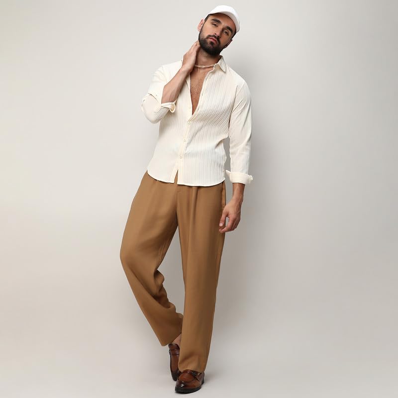 Image of CAHOOT Men's Self-Design Striped Shirt for Casual Wear | Spread Collar | Long Sleeve | Button Closure | Shirt Crafted with Comfort Fit for Everyday Wear