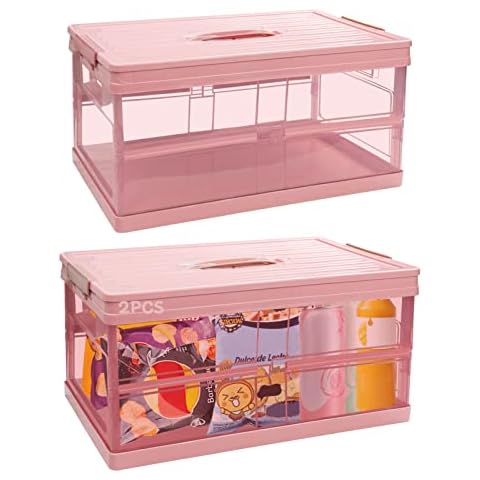 DSVENROLY 2Pcs Foldable Plastic Storage Box With Lid, Upgrade Multifunction Transparent Collapsible Storage Bins, Stackable Clear Latch Storage Box with Handle, Folding Plastic Containers (Pink) Cover