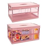 DSVENROLY 2Pcs Foldable Plastic Storage Box With Lid, Upgrade Multifunction Transparent Collapsible Storage Bins, Stackable Clear Latch Storage Box with Handle, Folding Plastic Containers (Pink)