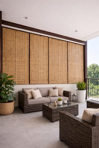 Image of Water Proof Bamboo Curtains for Balcony Roller Rollup Blinds, Bamboo Chick Curtain, for Rain, Sunlight, Dust & Cold Air Protection (Color-Natural,3ft x 7ft (W x H)