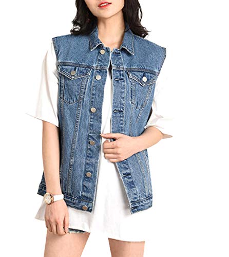 JUDYBRIDAL Womens Buttoned Denim Vest Jacket Washed Sleeveless Denim Jean Jacket (Blue1, Medium)