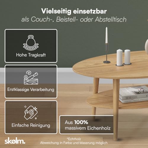 skølm Mjölnir Couchtisch oval – Wohnzimmertisch aus Eiche Massivholz – Sofatisch mit 2 Ablagen – kleiner Beistelltisch Natur geölt – Holztisch Wohnzimmer mit Stauraum – Coffee Tablen 70x110 cm – Bild 5