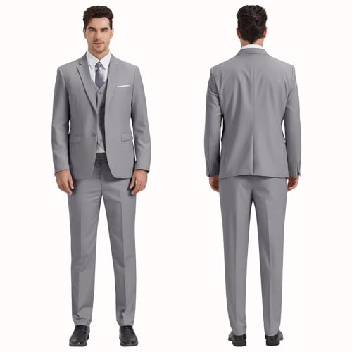 Men's Slim Fit 3 Pieces Suit, 2 Buttons Solid Color Blazer Vest Pants with Tie Set, Business Wedding Tuxedo3