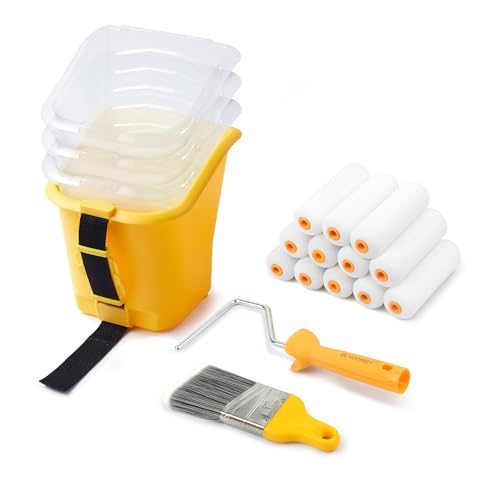 Image of Voomey Paint Bucket Hand Held 4in Foam Rollers Kit 18pcs for Detail Work | Magnetic Holder & No-Drip Edge, 2in Brush, 3 Liners, Ideal for Wall & Corners