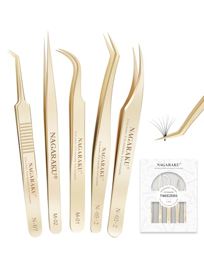 NAGARAKU Professional Eyelash Extension Tweezers, Precision Tip Stainless Steel Lash Tool Straight & Curved for Individual & Volume for Salon & Personal Use, 5 PCS Tweezers Set Easy Fanning with Case