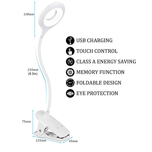 Leselampe, 28 LED Klemmlampe mit USB Wiederaufladbare, 3 Farb und 3 Helligkeitsstufen Dimmbar schreibtischlampe klemmbar, 360°Flexibel leselampe buch klemme – Bild 3