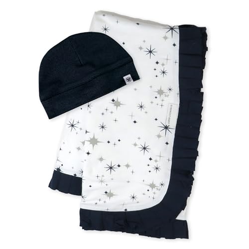 Image of HonestBaby Knit Stroller Blanket with Trim Detail and Baby Hat 100% Organic Cotton for Infant Boys, Girls, Jumbo Twinkle Star Navy (2-Pack), One Size