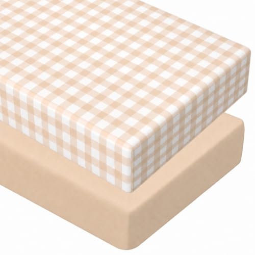 Image of Peryiter 2 Pack Gingham Crib Sheets for Girls Boys Khaki Checkered Bed Sheet Set Fitted 52'' x 28 inch for Standard Crib Mattress Stretchable Soft Toddler Aesthetic Nursery Decor