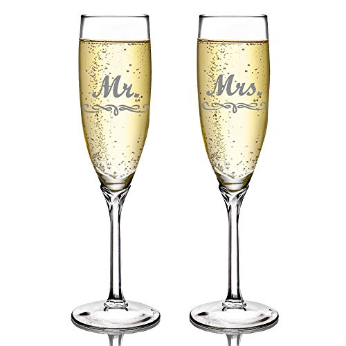 Mr. & Mrs. Silver or Gold Champagne Flute Set – Custom Printed – Ideal For Parties & Weddings – Engagements & Anniversaries – Handmade In USA (Silver)