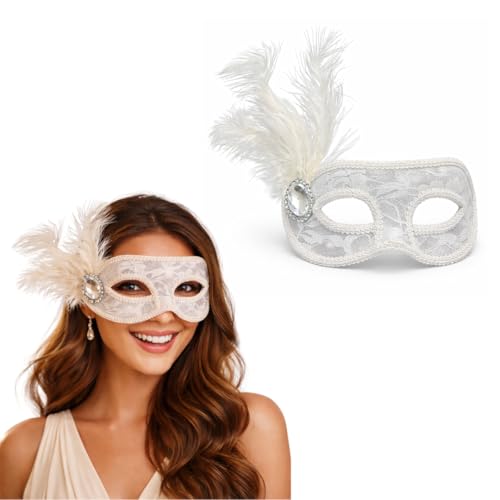 Image of Wanna Party White Lace Feather Eye Mask for Women - Elegant Net Masquerade Party Mask with Feather & Elastic Strap for Halloween, Carnival, Costume & Theme Parties