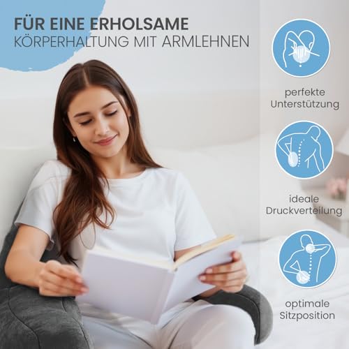 ELONEO Rückenkissen, Lesekissen für Bett und Sofa mit Armlehnen – Ideal als Rückenstütze für mehr Halt und Komfort von Rücken, Kopf und Nacken, Sitzen, 76 × 46 × 40 cm