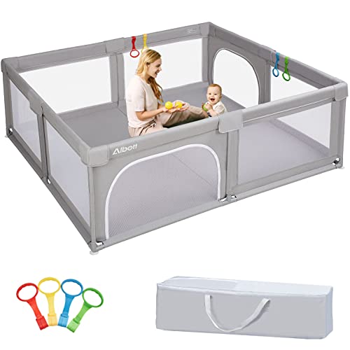 Albott Portable Baby Playpen for Babies and Toddlers- Extra Large Baby Playards, Anti-Fall Infant Safety Activity Center with Cationic Cloth(Light Grey, 71″x79″)…