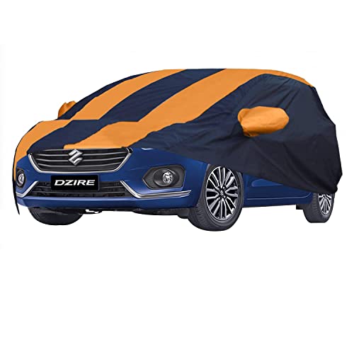 Image of Allextreme MNS5003 Car Body Cover Compatible with Maruti Suzuki Swift Dzire New Custom Fit Dustproof UV Heat Resistant Indoor Outdoor Body Protection (Navy Blue & Orange with Mirror)